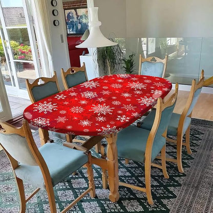 Christmas Oval Fitted Tablecloth - Red Snowflakes Print Elastic Edged Cover, Fits up to 54X76 in Tables, Windproof for Indoor Restaurant and Outdoor Dining Decor