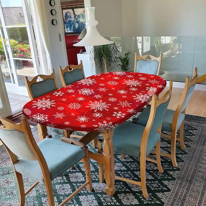 Christmas Oval Fitted Tablecloths, Christmas Red Snowflakes Print Elastic Edged Table Cover, Fits up to 60X84 in Tables, Windproof Table Cloth for Indoor Restaurant and Outdoor Dining Table Decor