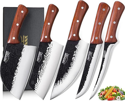 Topfeel Butcher Knife Set 5PCS, Hand Forged Kitchen Knives Set Serbian Chef Knife Set, Meat Cleaver Boning Carving Knives Set for Home、Camping、BBQ
