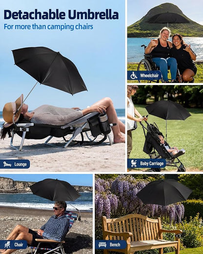 2PCS Camping Chairs with Detachable Umbrella, HaSteeL Folding Beach Chair for Adults, Large Portable Foldable Chair for Outdoors Fishing Hiking Travel Picnic Lawn, Supports 275lbs, Storage Bags, Black