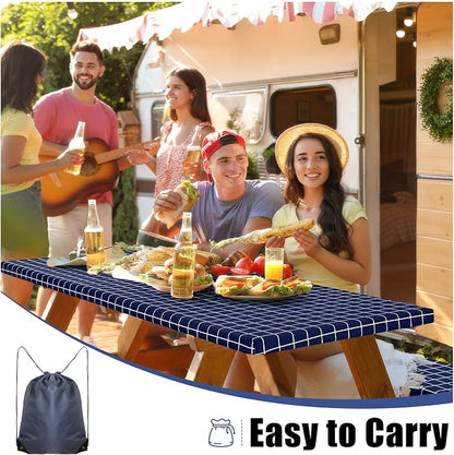 Smiry Picnic Table Cover with Bench Covers, Waterproof Elastic Fitted Tablecloth for 8 Foot Tables, Washable Polyester Tablecloths for Camping, Indoor & Outdoor (Navy & White, 30x96 Inch 3-pc Set)
