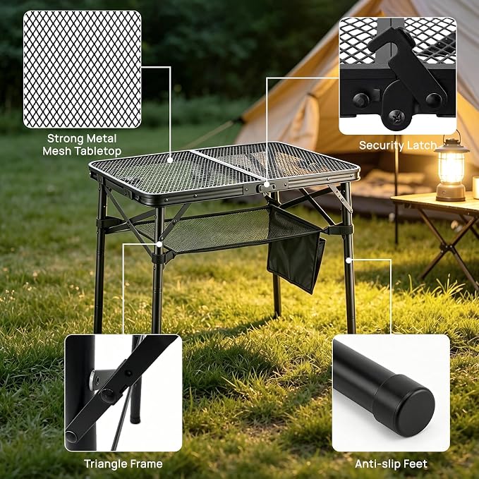 Folding Grill Table, 24"x16" Portable Camping Table with Storage Pocket, Heat Resistant & Waterproof Outdoor Picnic Table, Sturdy Lightweight for Travel Cooking BBQ, Camping, Backyard