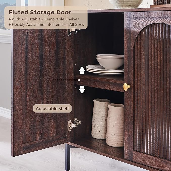 IFGET Modern Buffet Cabinet with Storage, 123.5" W Fluted Arched Sideboard Cabinet w/Adjustable Shelves, Wooden Modular Coffee Bar for Dining Room, Kitchen, Living Room, Entryway, Brown