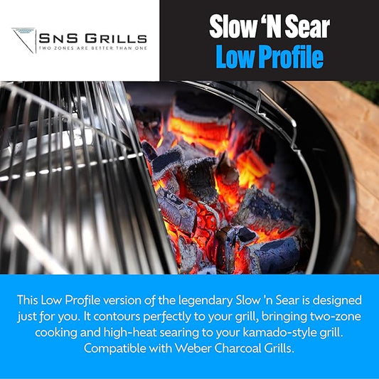 SnS Grills Slow ‘N Sear Charcoal Inserts for Low ‘N Slow & High-Heat Cooking - Patented Stainless Steel Accessories for Weber Summit and Similar Kettle Grills - Low Profile 22"
