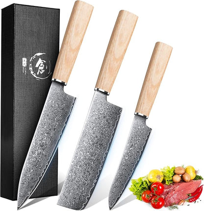 ROCOCO Damascus Chef Knife Set - Japanese Nakiri Utility Paring Knives Sharp Gyuto Meat Cleaver for Home Kitchen Gift Idea