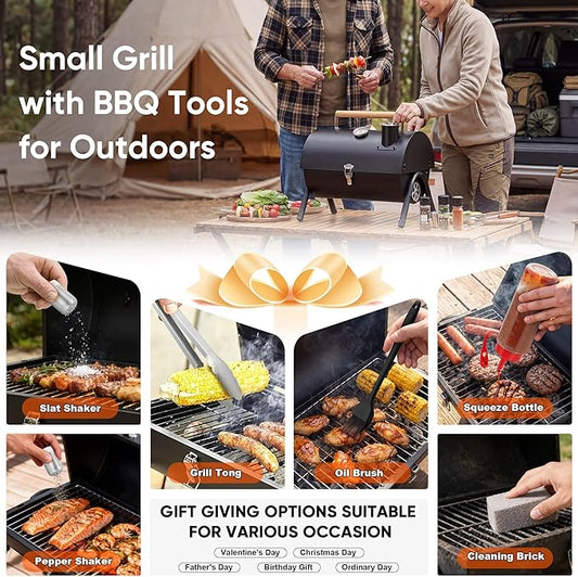 Portable Charcoal Grill with 6 BBQ Tools, HaSteeL Compact Tabletop Barbecue Grill with Thermometer, Small Smoker for Outdoor Camping Backyard Beach BBQ, Thick Steel, Easy to Assemble