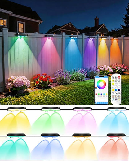 Outdoor Fence Lights 8 Pack, 50ft Smart RGB Outdoor Lights, APP, Remote Control, IP67 Waterproof LED String Light with Timer for Wall Deck Step Patio Railing Yard Stairs Pool Christmas Decor