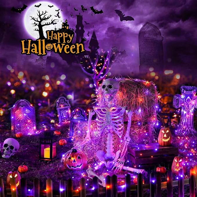 SyouHome 4-Pack Solar String Lights,156Ft Extra-Long 400 LED Waterproof Solar Halloween Lights, 8 Modes for Garden, Patio, Wedding (Purple & Orange)