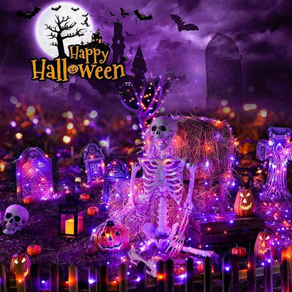 SyouHome 4-Pack Solar String Lights,156Ft Extra-Long 400 LED Waterproof Solar Halloween Lights, 8 Modes for Garden, Patio, Wedding (Purple & Orange)