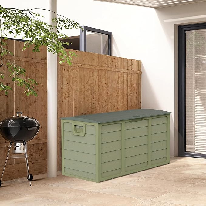 75 Gallon Outdoor Deck Storage Box – Heavy Duty Resin with Lockable Lid, Waterproof & UV Resistant for Patio Furniture, Garden Tools(Green)