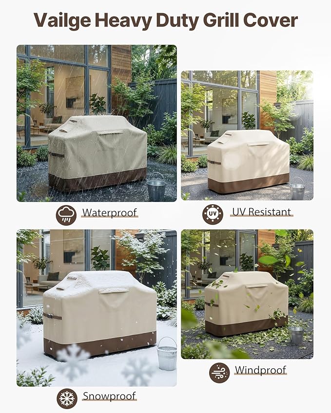 Vailge Grill Cover for Outdoor Grill,60-inch Waterproof BBQ Cover,600D Heavy Duty Gas Grill Cover, UV & Dust & Rip & Fading Resistant,Suitable for Weber, Brinkmann, Char Broil Grills and More,Beige