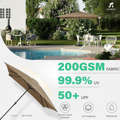 JEAREY 8x10 ft Rectangular Patio Umbrellas Outdoor Table Market Umbrella w/Crank, 8 Sturdy Ribs, UV Protection Windproof Sunproof for Garden, Deck, Backyard, Pool(Sand)