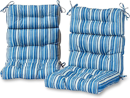 Outdoor Tufted High-Back Chair Cushions, One-Piece Hinged Seat and Back Design, Reversible with 4 Ties, Durable Polyester Fabric, Recycled Fiber Fill - Set of 2, Sapphire Stripe