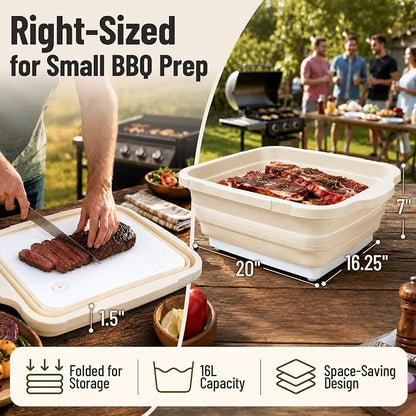 BBQ Prep Tub,16L Collapsible Cutting Board with Locking Lid, White for Camp | Foldable Marinating Basin, Leak-Resistant Edges, Space-Saving Storage, For Camping, Picnic, Tailgate, RV, Backyard Grilling