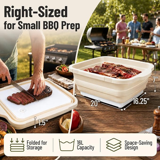 BBQ Prep Tub,16L Collapsible Cutting Board with Locking Lid, White for Camp | Foldable Marinating Basin, Leak-Resistant Edges, Space-Saving Storage, For Camping, Picnic, Tailgate, RV, Backyard Grilling