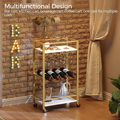 MAHANCRIS Bar Cart for Home, Mini Rolling Wine Cart, 3 Tier Serving Cart, Kitchen Storage Cart with Wine Rack and Glass Holders, for Kitchen, Dining Room, Living Room, Gold and White RCJW9301