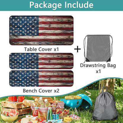 American Flag Picnic Table Cover with Bench Covers and Bag | Elastic Edges Wood Texture Waterproof Camping Tablecloths Fitted Picnic Table Cover for Outdoor, Camping, 3PCS Set 30x96 Inch