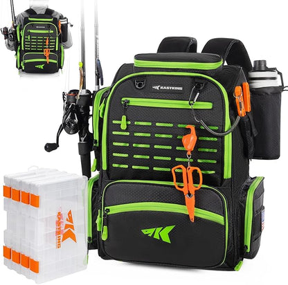 KastKing Bait Boss Fishing Tackle Backpack with Rod Holders-4 Tackle Boxes-Rain Cover,Storage for Fishing Gear