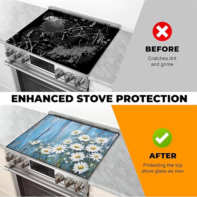 Heat-Resistant Glass Stove Top Cover with Anti-Slip Rubber Coating – Electric Stove Protector, Scratch-Resistant, Counter Space Decor Mat (Chrysanthemum, 28.5"L x 20.5"W)