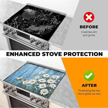 Heat-Resistant Glass Stove Top Cover with Anti-Slip Rubber Coating – Electric Stove Protector, Scratch-Resistant, Counter Space Decor Mat (Chrysanthemum, 28.5"L x 20.5"W)