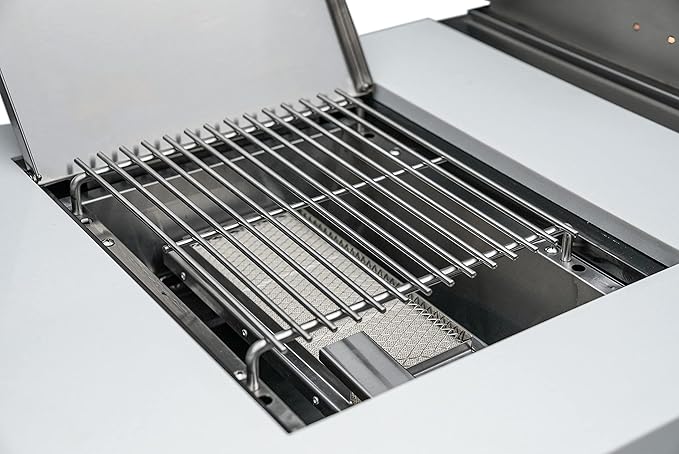 Mont Alpi Premium 94"W x 50"D Black Stainless Steel L-shaped Modular Outdoor Kitchen Island + Infrared Side & Rear Burner + 44"W 6-Burner BBQ Grill + Granite Countertops + Storage Cabinets & Drawers