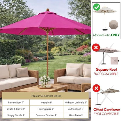 Formosa Covers 9ft Market Patio Umbrella Canopy - Fuchsia, 6 Ribs, 300D UV Protective and Water Resistant, Premium Quality Replacement Canopy