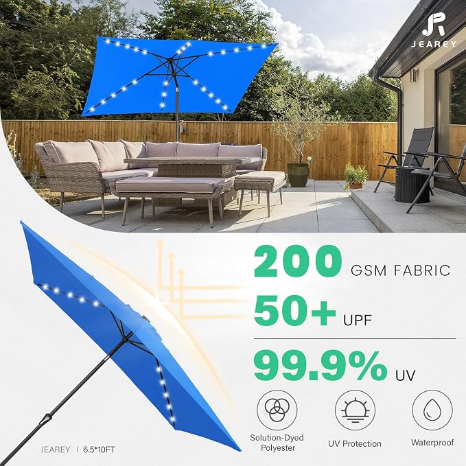 JEAREY 6.5x10' Rectangle LED Lighted Umbrella Patio Umbrella Outdoor w/Tilt | Solar Market Umbrellas with 6 Sturdy Ribs, UV Protection Waterproof Sunproof for Pool, Deck, Backyard(Royal Blue)