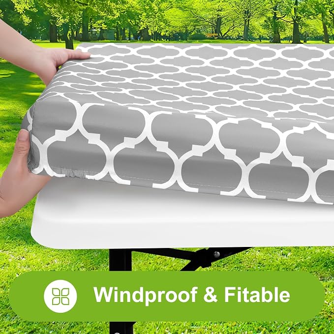 Smiry Picnic Fitted Table Cover, 8 Foot Flannel Backed Vinyl Tablecloth | Waterproof Elastic Stretch Table Cloth, Wipeable Plastic Tablecloth for Camping, Indoor & Outdoor (Light Grey, 30" x 96")