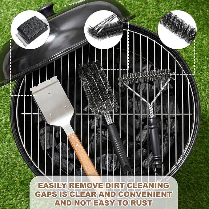 3 Pcs 304 Stainless Steel BBQ Grill Brush, 16.7'' Grill Brush Bristle Free, 15 ''Three-Head and 12''Three-Sided Brushes for Outdoor BBQ Accessories, Ideal Gift for Men/dad