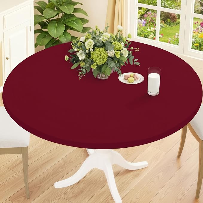 Smiry Round Spandex Tablecloth, Elastic Fitted Washable Tablecloths for 36"-44" Tables, Waterpoof Stretch Picnic Table Cover for Dining, Indoor and Outdoor, Wine Red