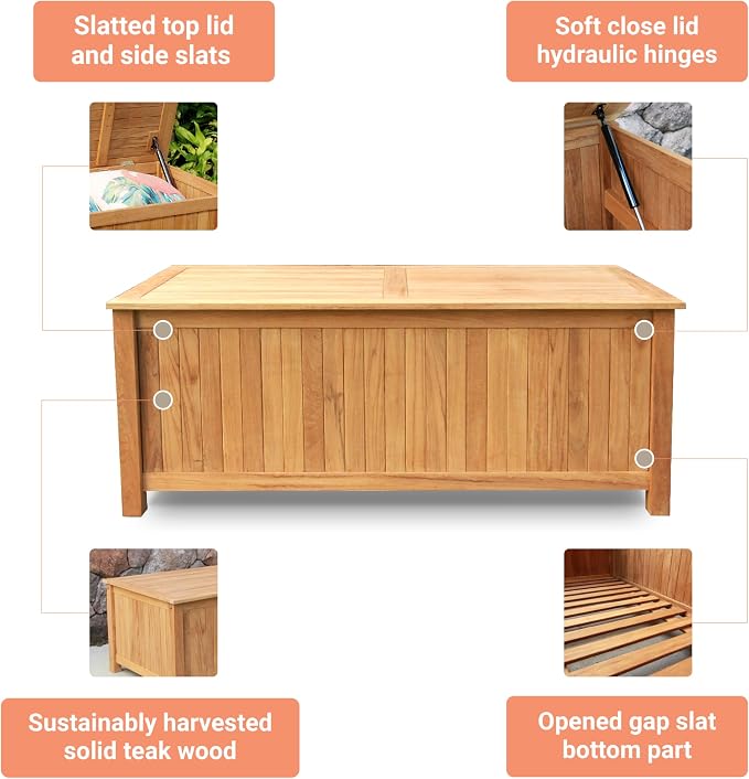 Cambridge Casual Arie 60-Inch Teak Outdoor Deck Storage Box Chest, Weather-Resistant Patio Organizer with Soft-Close Lid for Pool, Garden & Backyard, 119 Gallons Outdoor Storage Box