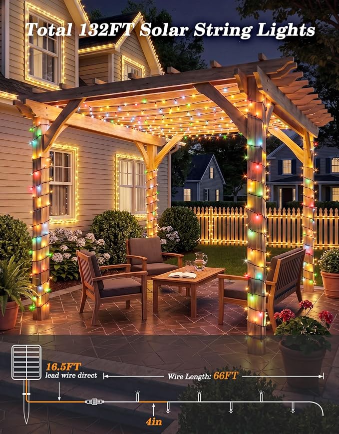 2 Pack 200LED Solar Christmas String Lights Outdoor Waterproof | Total 132FT Twinkle Lights with 8 Lighting Modes Remote for Outside Christmas Trees Decorations, Warm White & Multicolor