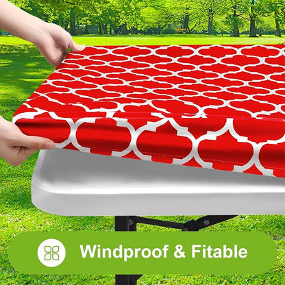 Smiry Picnic Fitted Table Cover, 8 Foot Flannel Backed Vinyl Tablecloth | Waterproof Elastic Stretch Table Cloth, Wipeable Plastic Tablecloth for Camping, Indoor & Outdoor (Red, 36" x 96")