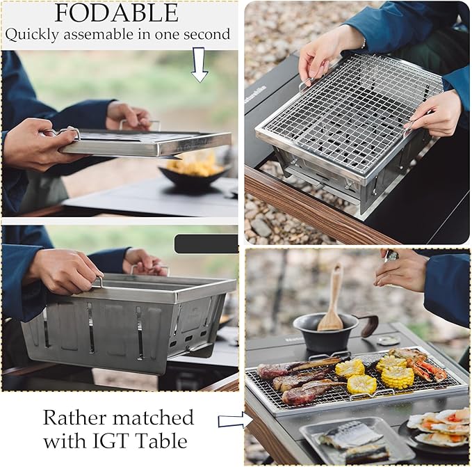 Naturehike Stainless Steel Camping Portable Grill, Folding Portable BBQ Charcoal Grill-Available with IGT Table, Compact Smoker, for Backyard Party,Picnic,Outdoor Cooking