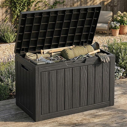 ROJIK Outdoor Storage Box, 55 Gallon Waterproof Deck Box, Weatherproof Resin Outside Storage Bin for Patio Furniture, Garden Tools, Pool Accessories, Cushion, Black