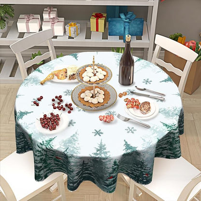 Winter Green Pine Tree Table Cloth Round Xmas Red Cardinal Bird Snowflake Tablecloth 60 Inch Decor Washable Stain and Wrinkle Resistant Winter Round Table Cover for Dining Picnic