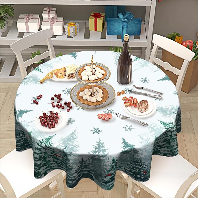 Sweetshow Winter Green Pine Tree Table Cloth Round Xmas Red Cardinal Bird Snowflake Tablecloth 70 Inch Decor Washable Stain and Wrinkle Resistant Winter Round Table Cover for Dining Picnic