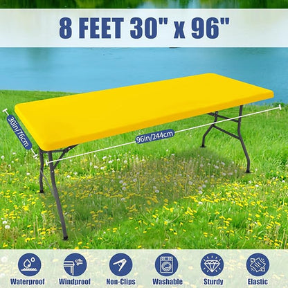 Moosfor Spandex 8 Foot Rectangle Table Cloth, Elastic Fitted Tablecloths for Picnic, Stretch Washable Patio Table Cover for Outdoor, Camping, Banquet and Parties (Yellow, 30"x96")