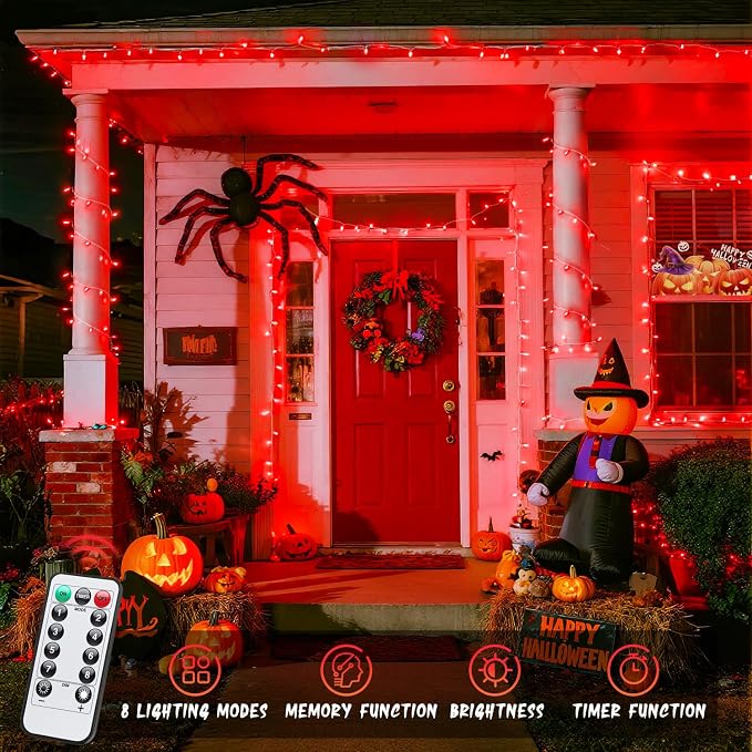 JMEXSUSS 33ft 100 LED Red Halloween Lights with 8 Modes Remote | Halloween Lights Battery Operated, Christmas String Lights Indoor Outdoor for Halloween Tree House Yard Xmas Decor