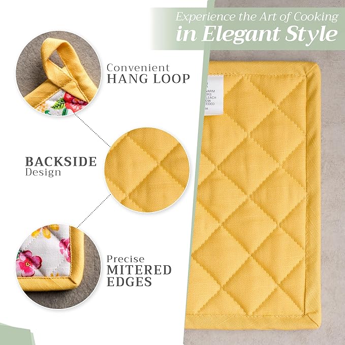 Maison d' Hermine Pot Holders 100% Cotton Heat Resistant Potholders 8" x 8" Hot Pads with Loop BBQ Baking Hotel Farmhouse Kitchen Handling Hot Pans Spring Summer (Pack of 1, Happy Florals - Sweety)