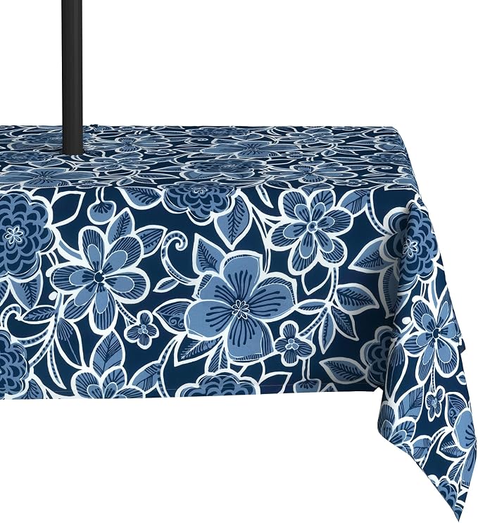 LVTXIII Rectangle Outdoor Tablecloth with Umbrella Hole and Zipper, Water-Repellent 60 x 84 Inch Patio Table Cover for Picnic, Garden, Backyard Dining, Flower Navy