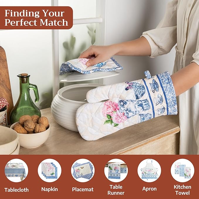 Maison d'Hermine Oven Gloves 100% Cotton Oven Mitt 7" x 13" with Loop Heat Resistant BBQ Cooking Gloves Baking Grilling Kitchen Hotel Home Farmhouse Spring Summer (Pack of 1, Canton)