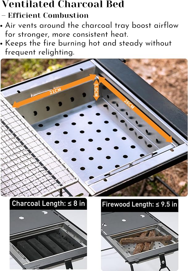 CAMPINGMOON IGT Compatible Charcoal Grill Portable Tabletop BBQ Stove Heat-Shield Design 304 Stainless Steel Precision Airflow Overlanding Camping UG-1