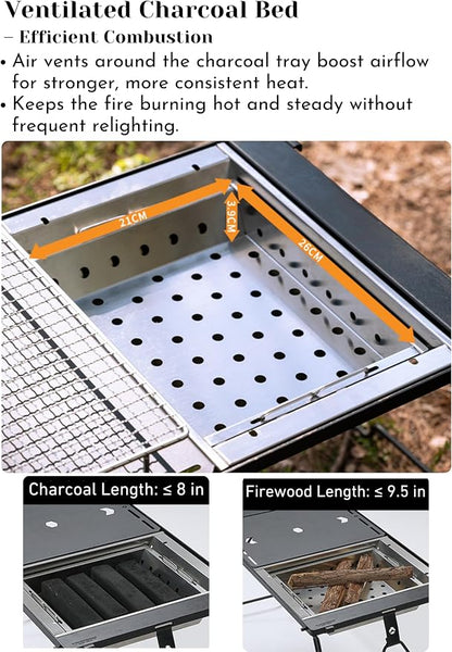 CAMPINGMOON IGT Compatible Charcoal Grill Portable Tabletop BBQ Stove Heat-Shield Design 304 Stainless Steel Precision Airflow Overlanding Camping UG-1