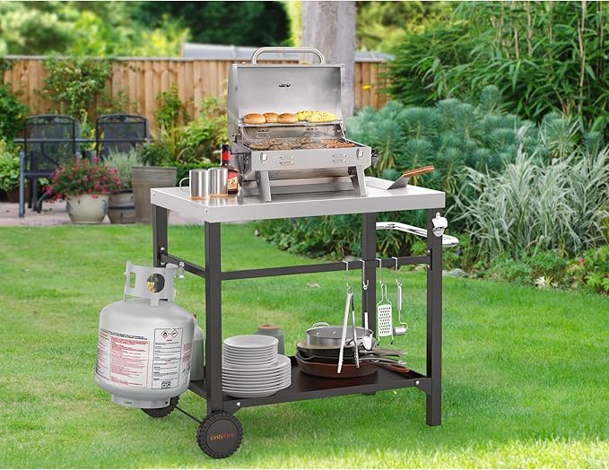 onlyfire Movable Stainless Steel Dining Cart Table, Pizza Oven Table with Propane Tank Holder, Heavy Duty Utility Cart on Wheels for Outdoor Kitchen, BBQ Grill, Patio, 33.6” x 21.7” Workstation