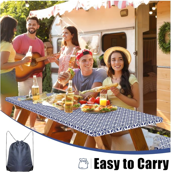 Smiry Picnic Table Cover with Bench Covers, Waterproof Elastic Fitted Tablecloth for 6 Foot Tables, Washable Polyester Tablecloths for Camping, Indoor & Outdoor (Indigo & White, 30x72 Inch 3-pc Set)
