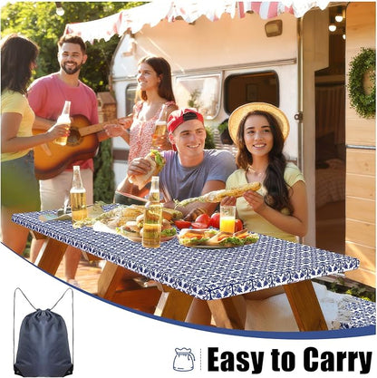Smiry Picnic Table Cover with Bench Covers, Waterproof Elastic Fitted Tablecloth for 6 Foot Tables, Washable Polyester Tablecloths for Camping, Indoor & Outdoor (Indigo & White, 30x72 Inch 3-pc Set)