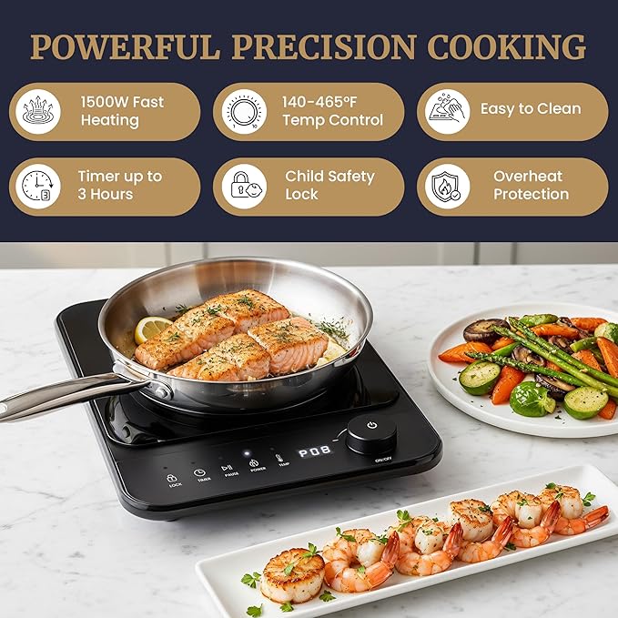 Elite Gourmet Slim Portable Induction Cooktop, 1500W, 10 Power Levels | Digital touch controls, precise 140°F-465°F range, built-in timer & child lock, 2in countertop design