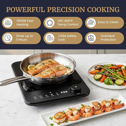 Elite Gourmet Slim Portable Induction Cooktop, 1500W, 10 Power Levels | Digital touch controls, precise 140°F-465°F range, built-in timer & child lock, 2in countertop design