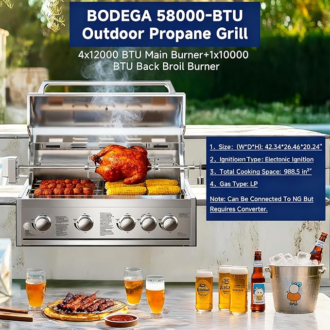 BODEGA 5 Burner Built In Gas Grill Island Head, Stainless Steel 30 Inch Propane Grill with Rear Burner, 58000 BTUs, 988.5 SQ In Racks, Dual Fuel Compatibility, Gas Grill Outdoor Cooking, BBQ Fork Kit.